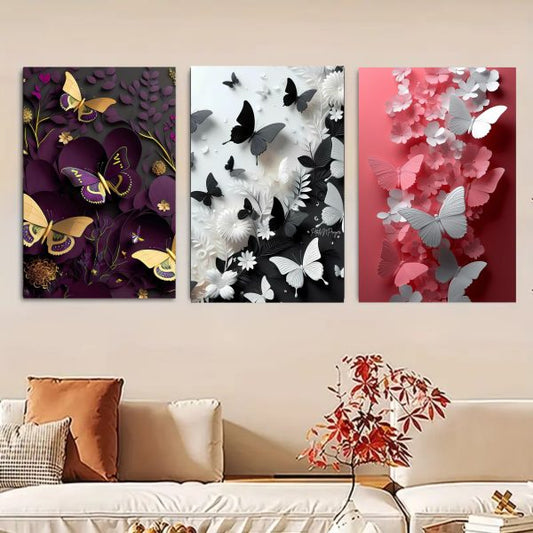 Set Of 3 Butterfly Art Wooden Frames For Wall Decoration